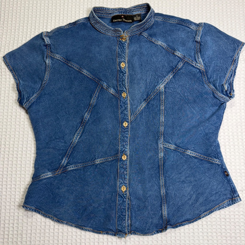Sacred Threads Womens Blue Patchwork Stitch Rayon Denim Look Button Up Top M